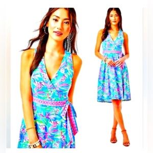 NWT Lilly Pulitzer Clancie knee length wrap dress print Keep on Beleafing Large